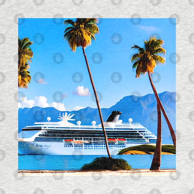 A Cruise Ship Sailing Past A Tropical Island With Mountains In The Background by Musical Art By Andrew